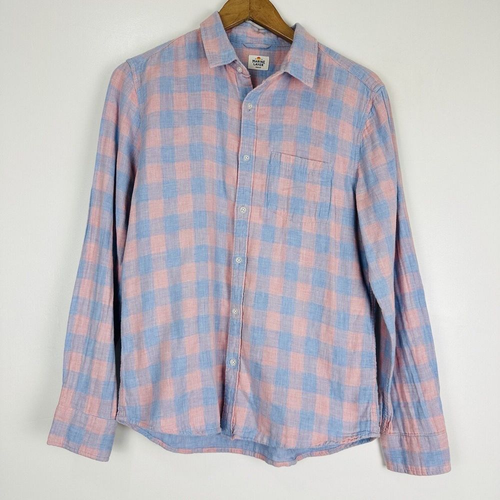 Marine Layer Upland Long Sleeve Lightweight Plaid Cord Shirt in Blue/Pink Madras